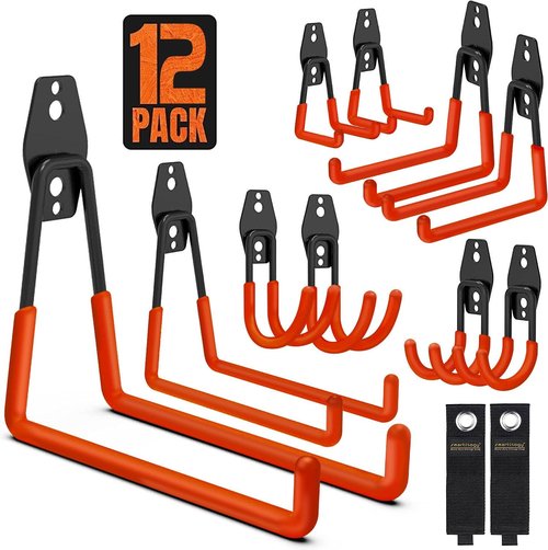 Garage Hooks - Heavy Duty Wall Storage Hanger | 12 Pack with 2 Extension Cord Straps for Organizing Tools & Equipment (Orange)