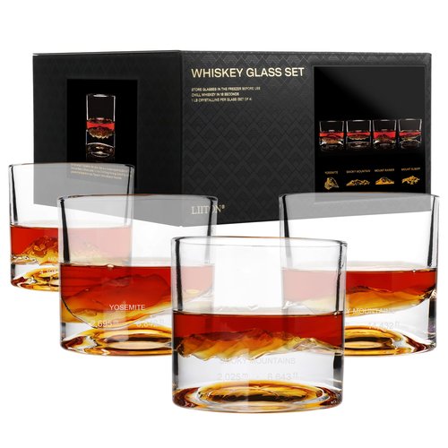 LIITON American Peaks Heavy Crystal Whiskey Glasses Gift Set of 4, Thick Freezable Bourbon Glass 1lb Each, Premium Whiskey Gifts for Men, Frozen Crystal Chills Cocktails, 10 oz