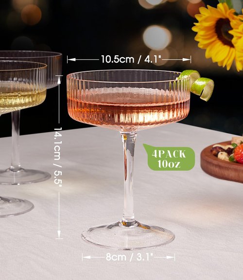 LUNA & MANTHA Coupe Glasses Set of 4, 10oz Crystal Ribbed Martini Glasses, Vintage Cocktail Glass, Hand Blown for Espresso Martini, Margarita, Home Bar &Gift,Glassware