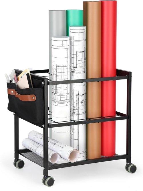 Blueprint Storage Rack Cart - Mobile 20-Slot Blueprint Holder with Side Storage Bags | Double-Layer Grids, Silent Wheels