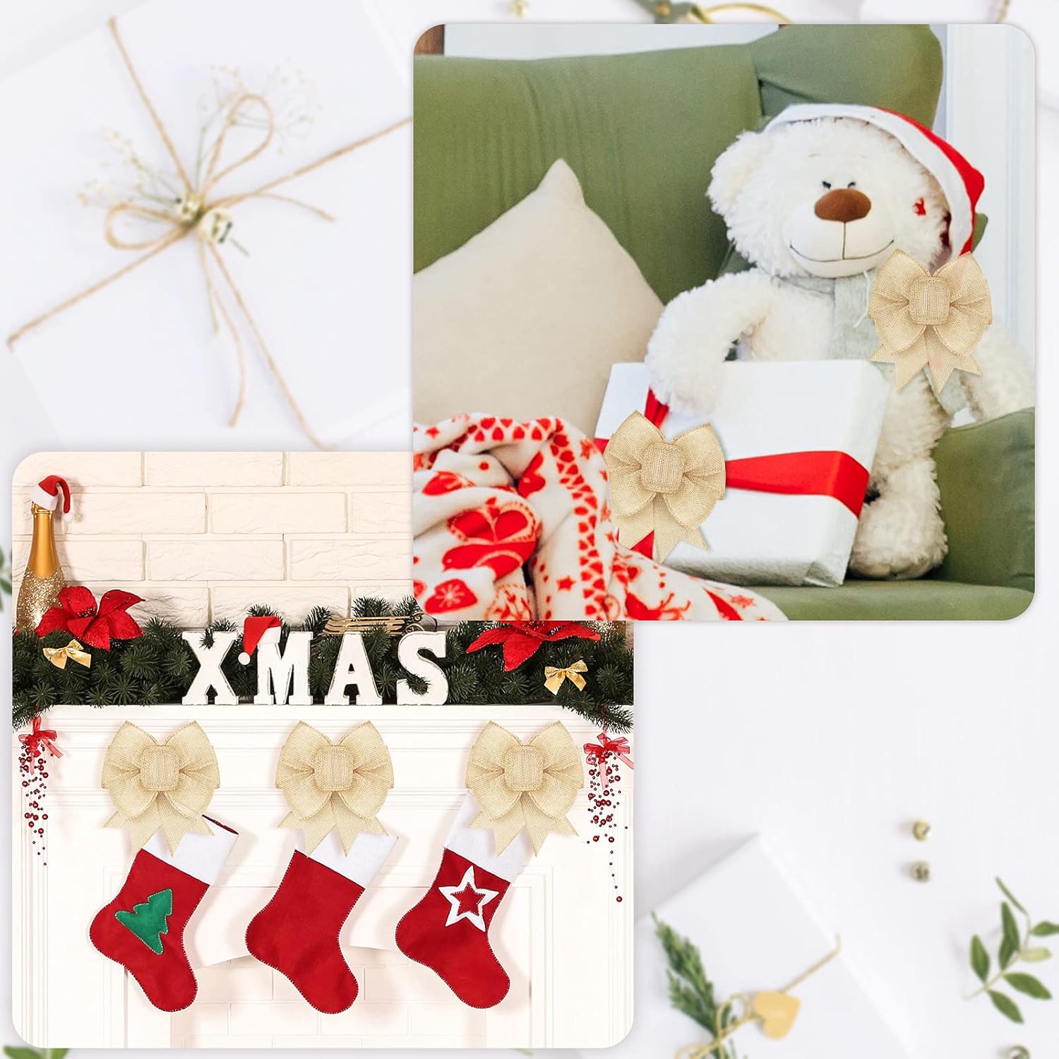 Xinnun Burlap Bows - Rustic Jute Decorations for Holiday Wreaths & Christmas Tree Toppers | Set of 4