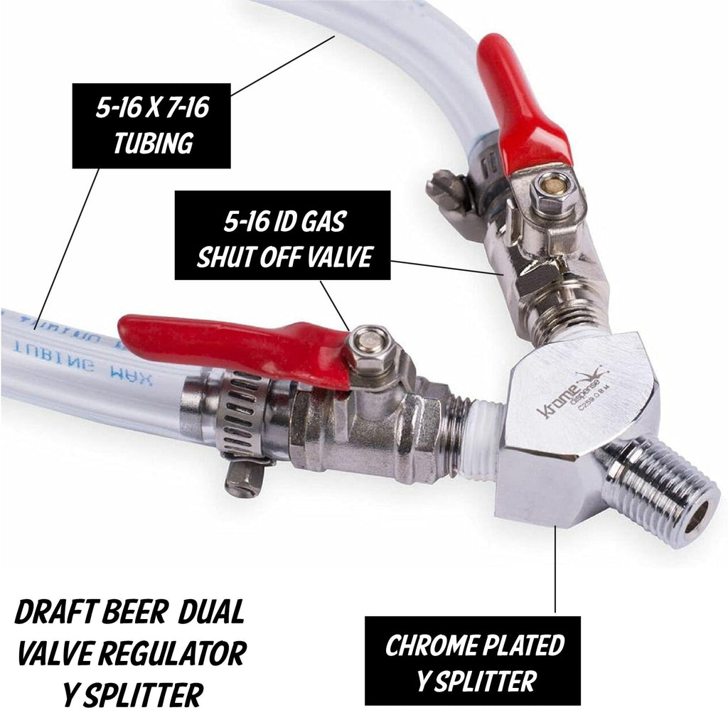 TAPCRAFT -CO2 Y Splitter for Draft Beer Regulator with 5 Foot Air Lines Chrome Plated - CO2 Tubing - Gas Line for Draft Beer