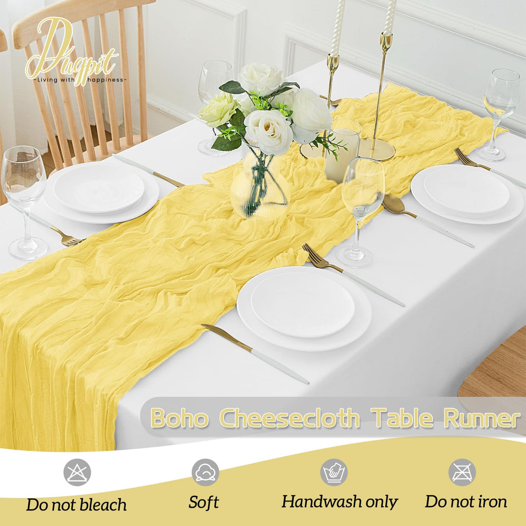 16Pack Light Yellow Cheesecloth Table Runner 10FT Yellow Gauze Table Runner 35x120Inch Long Boho Spring Easter Table Runners Rustic Sheer Table Runners for Wedding Baby Bridal Shower Decor