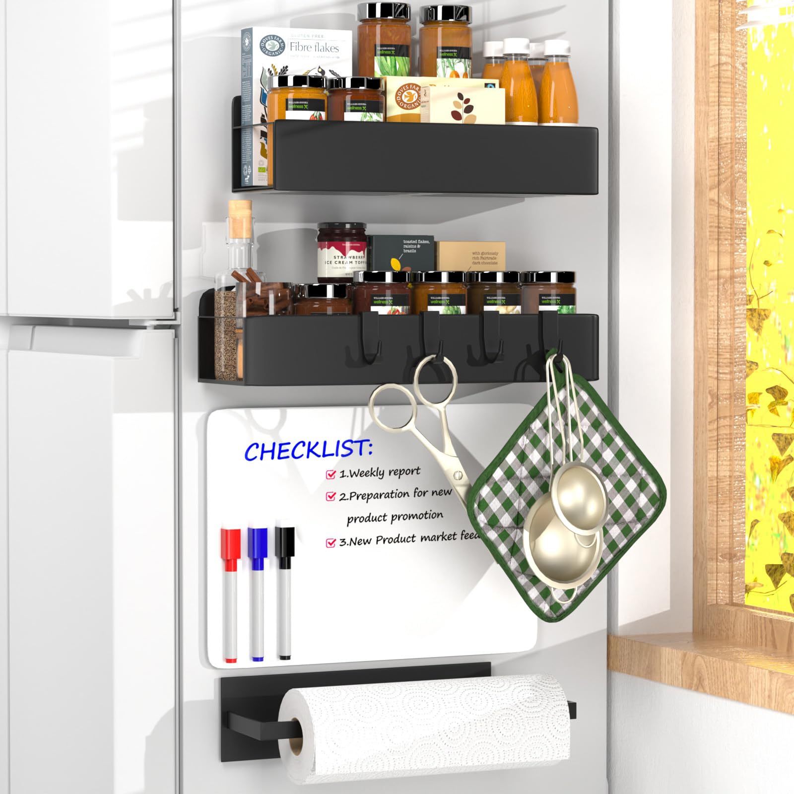 SUNHEARTH 4 Pack Magnetic Spice Rack for Refrigerator,Metal Magnetic Shelf Black with Paper Towel Holder,Whiteboard,3 Markers,4 Hooks,Space Saving for Home,Kitchen