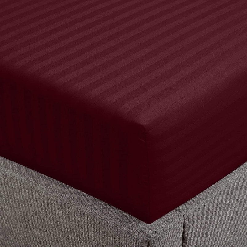 Feather & Stitch 1 Piece Fitted Sheet Full Size, 100% Cotton Damask Sateen Weave, Striped Breathable, Stretchable Elastic Sheet for Mattress 18 inch Deep Pocket, 500TC Premium Ultra Soft - Burgundy