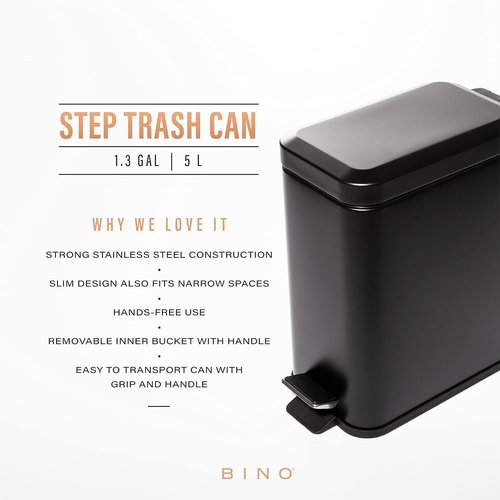 BINO Rectangular Step Trash Can - 1.3 Gallon Stainless Steel with Lid | Matte Black for Home & Office