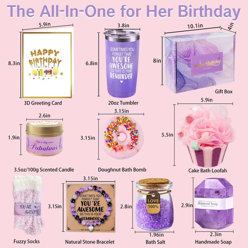 Birthday Gifts for Women, Happy Birthday Relaxing Spa Gifts Basket for Women, Purple Gift Box Set for Mom Sister Female Friends Wife Girlfriend Daughter, Unique Gifts for Female Who Have Everything