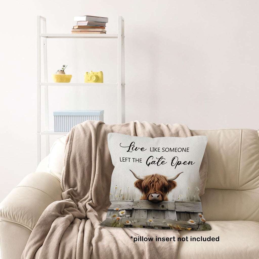 MONALET Highland Cow Farmhouse Throw Pillow Covers 18x18, Live Like Someone Left The Gate Open Decor Pillow Cases for Bedroom Living Room, Rustic Hyland Highland Cow Gifts Pillowcases for Couch Bed