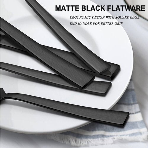 LIANYU 45-Piece Matte Black Silverware Set with Serving Utensils, Stainless Steel Flatware Cutlery Set for 8, Square Tableware Eating Utensils for Wedding Home, Satin Finish, Dishwasher Safe