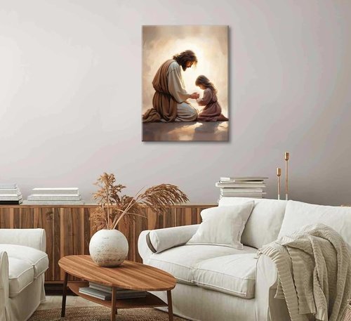 Jesus Praying with Girl Canvas Wall Art - Christian Spiritual Decor for Home & Church | Framed Bible Story Print