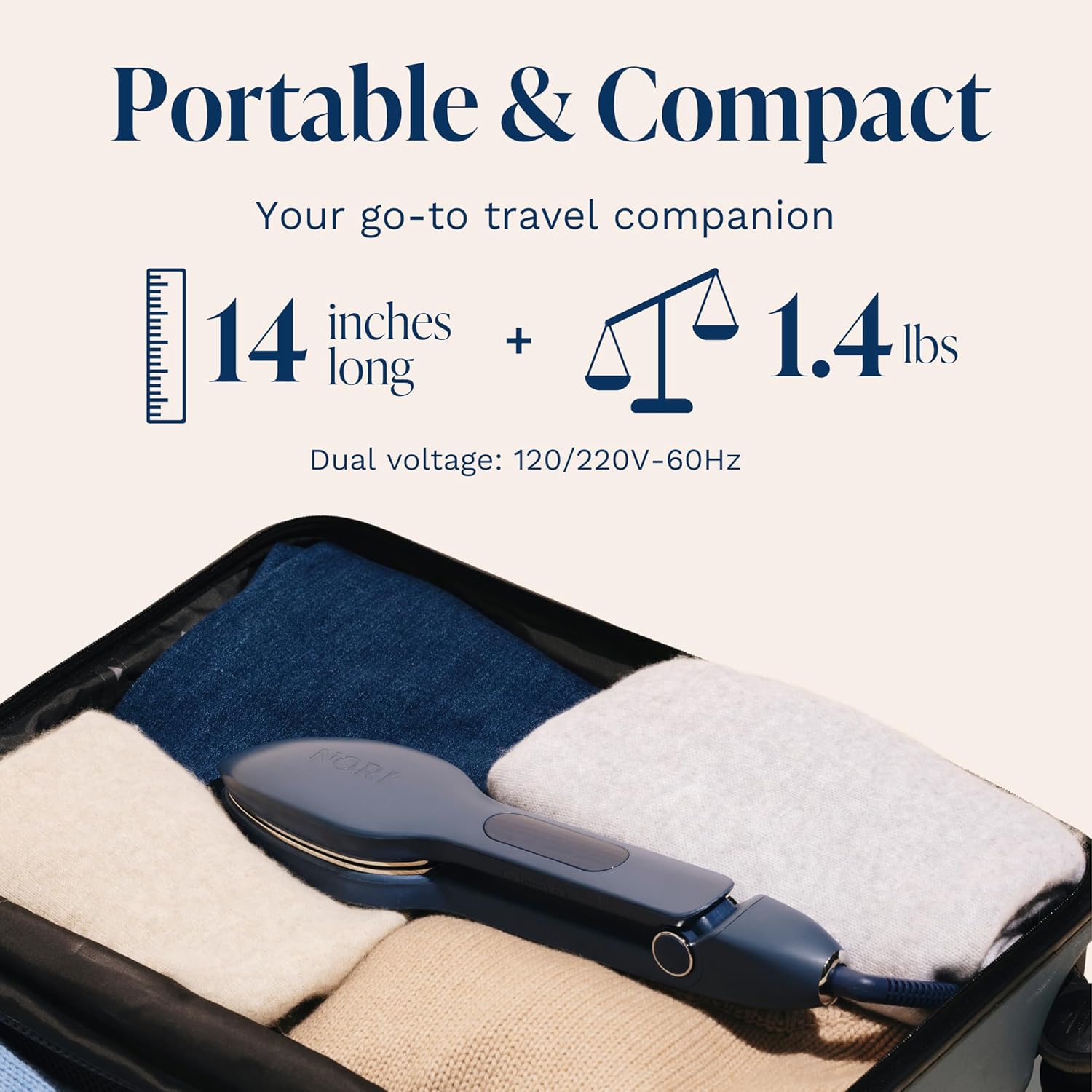 Nori Press Travel Steam Iron - Handheld Design with Steam Feature - No Ironing Board Needed - Navy