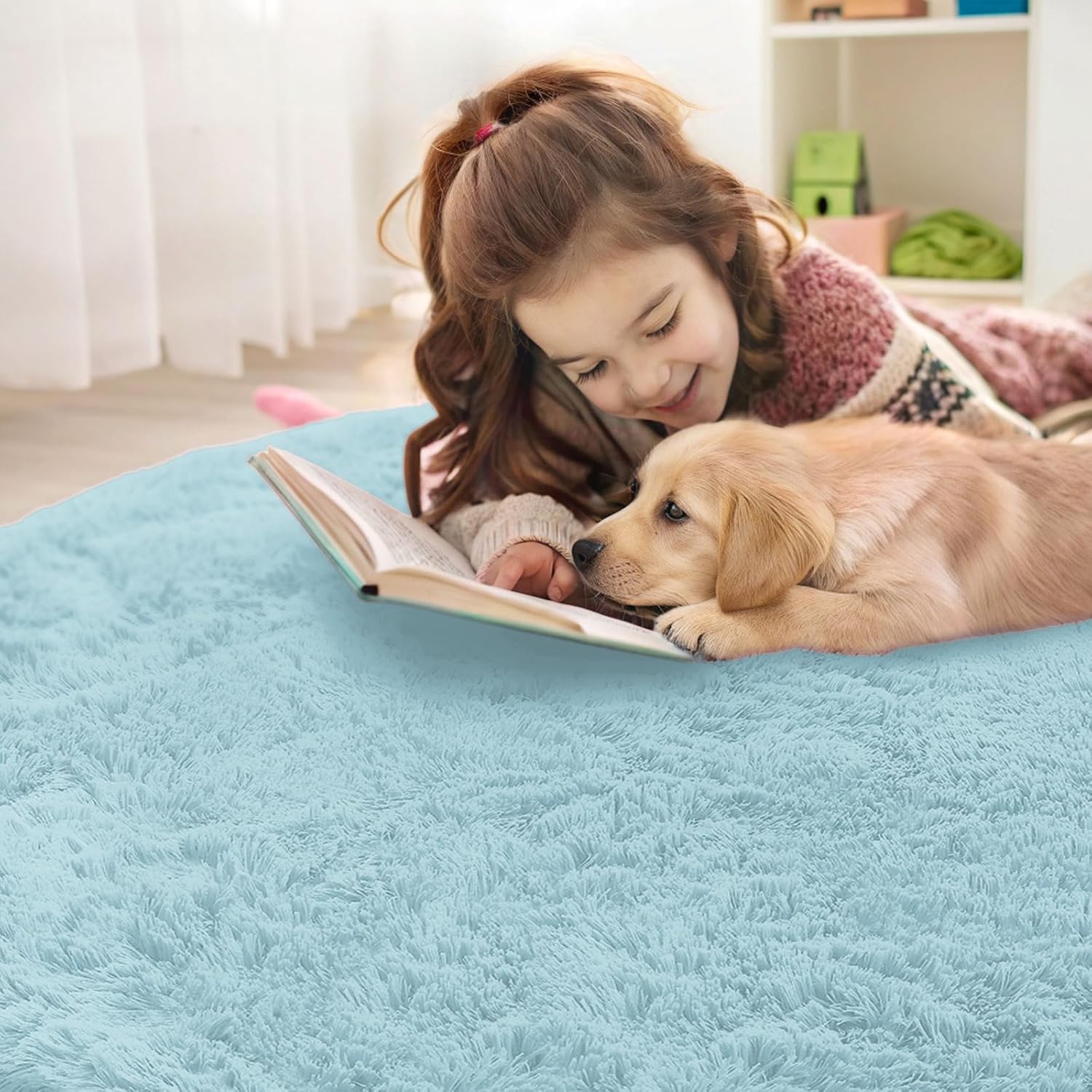 OLANLY Round Light Blue Area Rug - Soft, Fluffy, Machine Washable 9 ft Carpet for Bedroom & Living Room