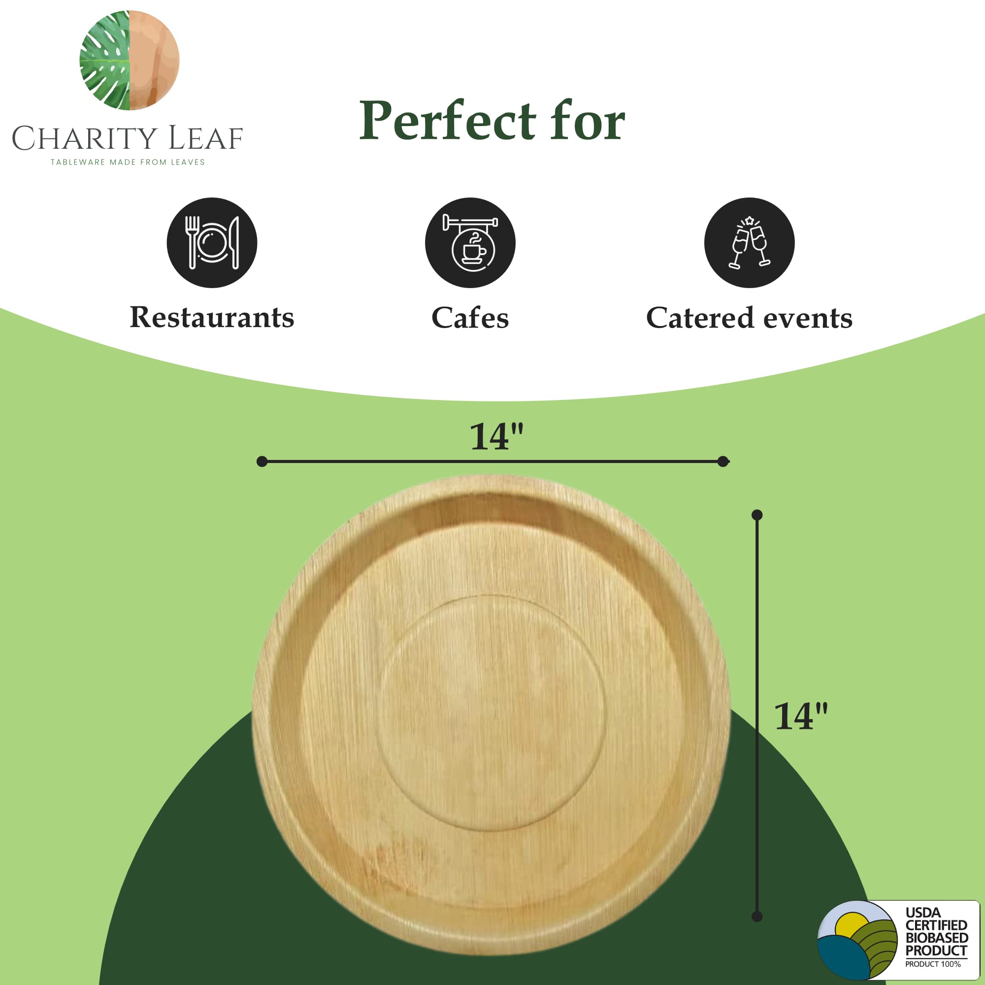 Charity Leaf Disposable Palm Leaf 14" Round Trays (10 pieces) Bamboo Like Serving Platters, Disposable Boards, Eco-Friendly Dinnerware For Weddings, Catering, Events