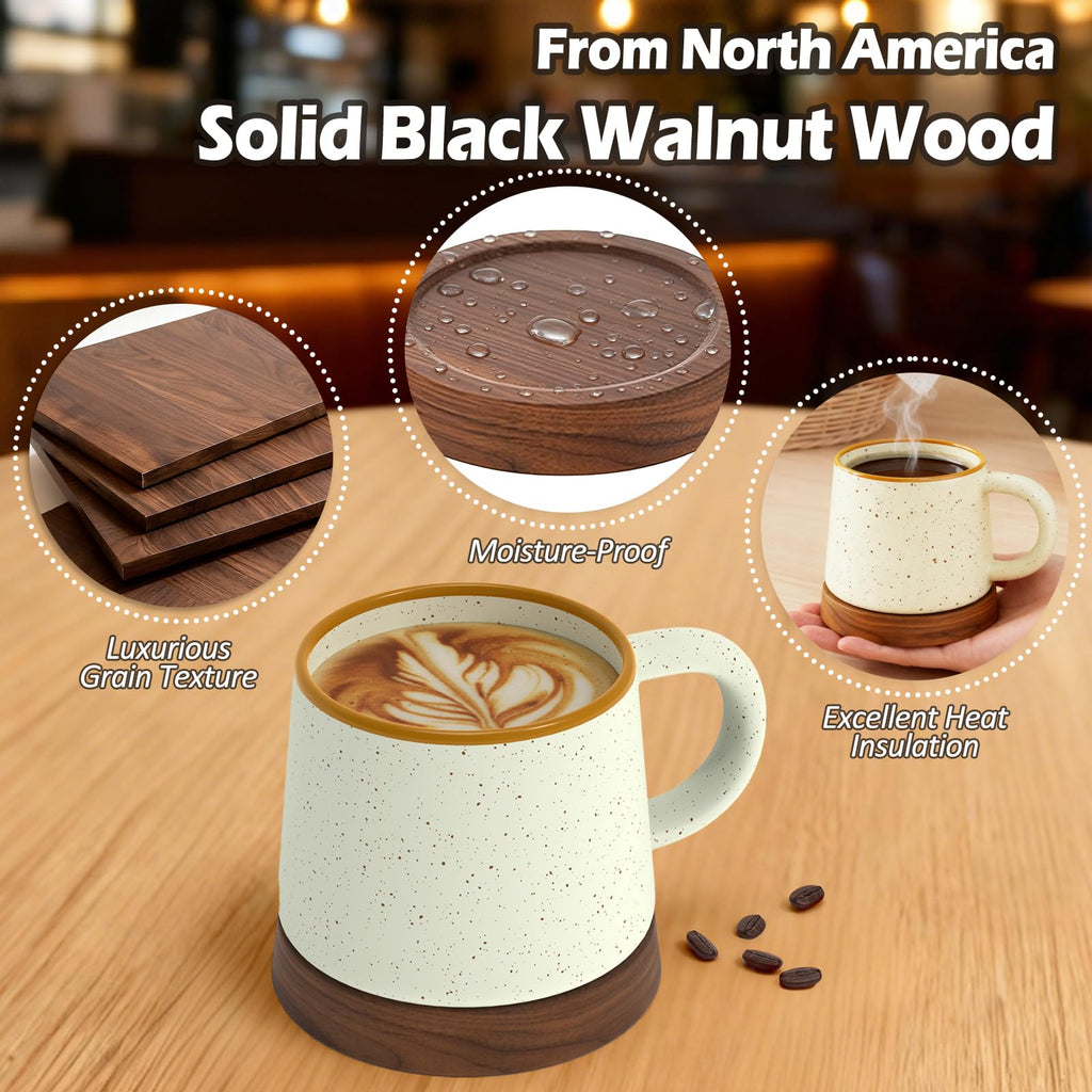 Bulete 12 oz Ceramic Coffee Mug with Walnut Coaster Lid, Ceramic Porcelain Coffee Cup Tea Cup for Office and Home, Dishwasher and Microwave Safe (Beige)