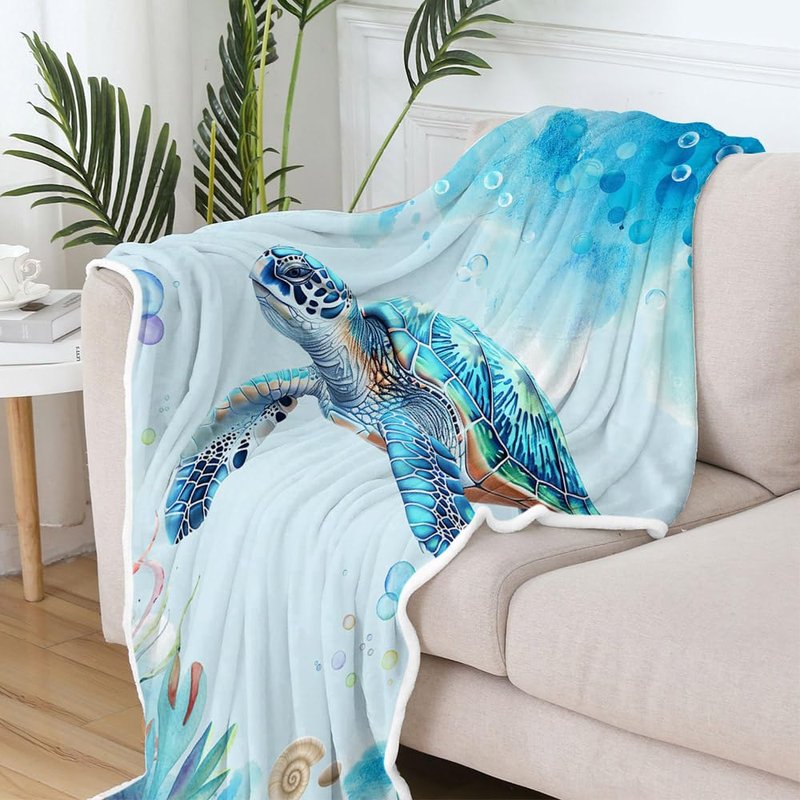 JAWO Sea Turtle Blanket Coastal Throw Cozy Beach and Nautical Sea Turtles Blanket Sea Animal Starfish Turtle Blankets Throws Gifts for Kids and Adults 50" x 60", Teal