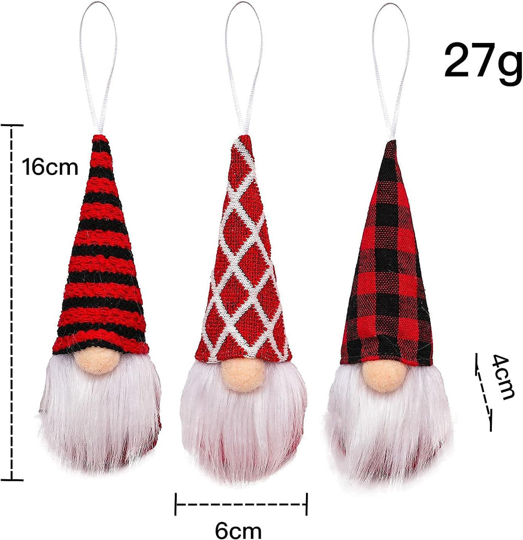 Tomte Gnome Christmas Ornaments Set of 3 - Plush Decorative Hanging Ornaments for Trees | Red
