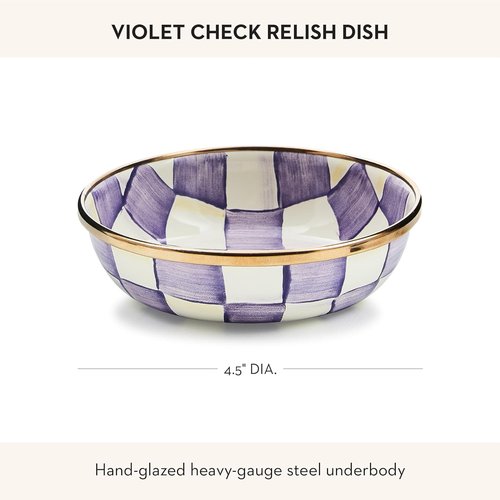 MACKENZIE-CHILDS Enamel Relish Dish - Small Serving Bowl for Entertaining | Purple-White Violet Check