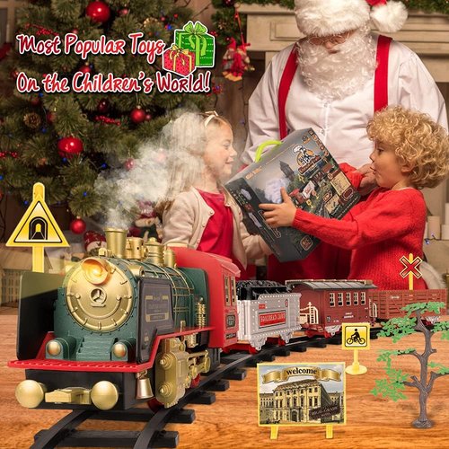 Mini Tudou Electric Christmas Train Set - Remote Control Steam Locomotive with Sound & Light | Rechargeable Battery, Cargo Cars & Tracks for Kids 3+