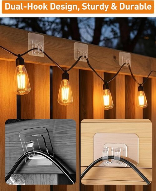 AGPTEK Heavy Duty Hooks for Outdoor String Lights - 100Pcs Clear Cable Clips with Adhesive Strips