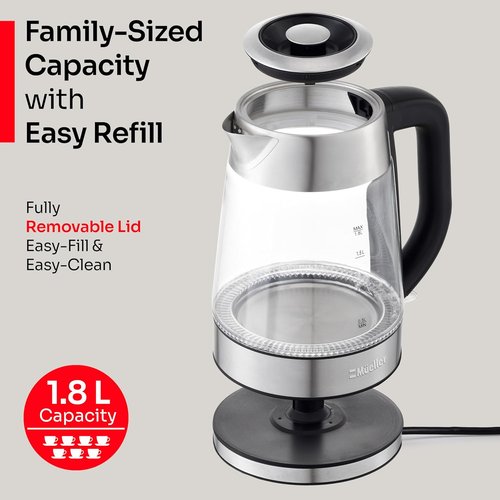 Mueller Rapid Boil Electric Tea Kettle 1.8L - BPA-Free Borosilicate Glass & Stainless Steel - Auto Shut-Off & LED Light