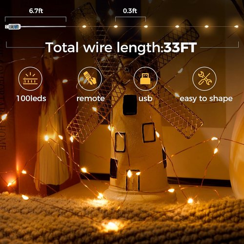Ariceleo USB Powered Fairy Lights - 100 LED Twinkle String Lights with Remote & Timer | 65.6 ft, Warm White, Waterproof