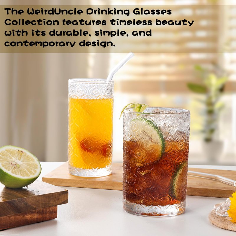 WeirdUncle Set of 4 Vintage Embossed Glassware,2 Collins Glass cups 12oz & 2 Highball Drinking Glasses 16oz, Clear, Art Deco, for Beer, Water, Cocktail, Juice, Whiskey, Gift