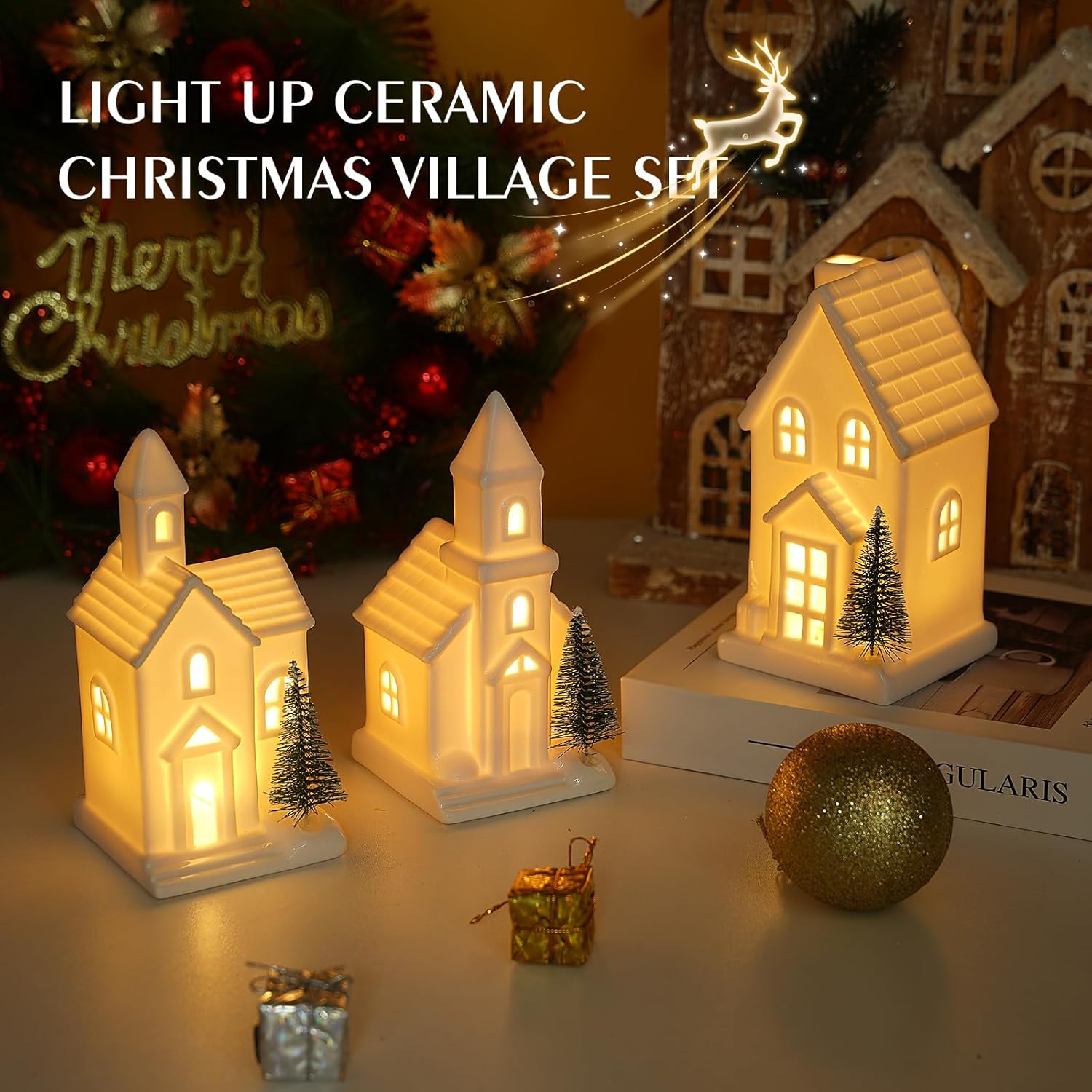 Regine Switzerland Light Up Christmas Houses - White Ceramic Decor with 3 Xmas Trees | Timed Village Set