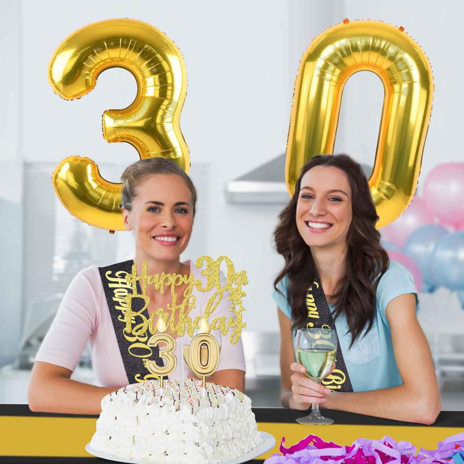 Regine Switzerland 30th Birthday Decorations - Black & Gold Banner, Table Cloth, Balloons & Cake Topper