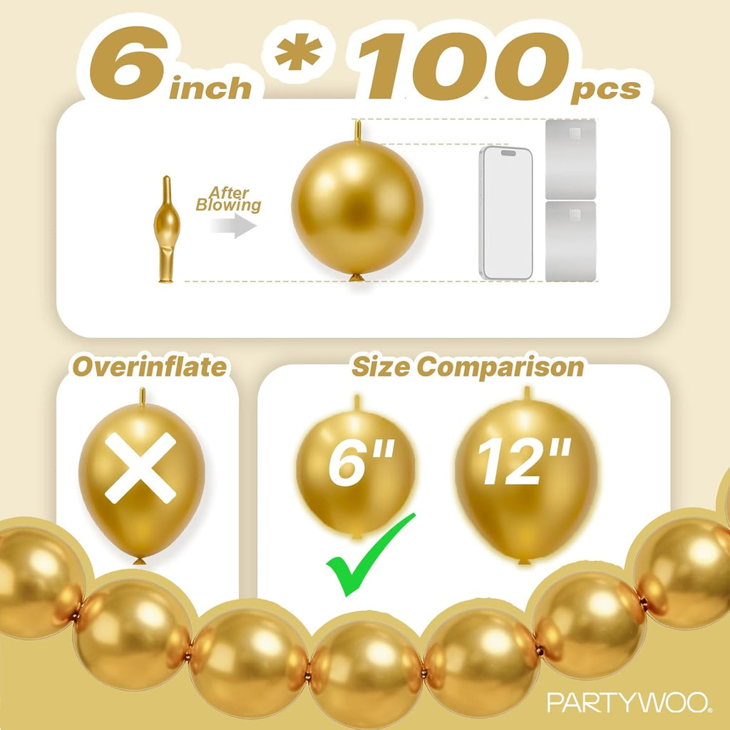 PartyWoo Metallic Gold Linking Balloons - 100pcs 6 Inch Gold Balloons for Celebrations & Events