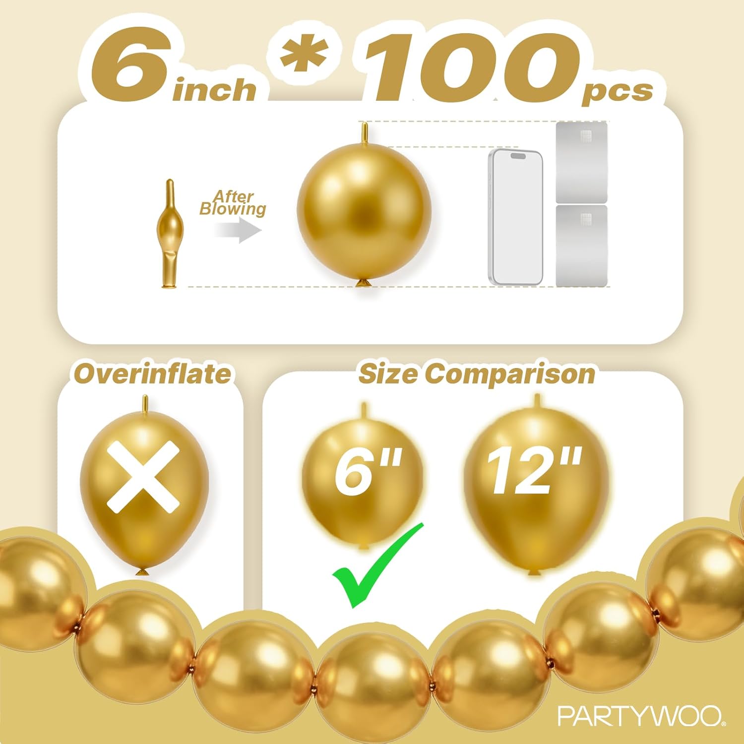 PartyWoo Metallic Gold Linking Balloons - 100pcs 6 Inch Gold Balloons for Celebrations & Events