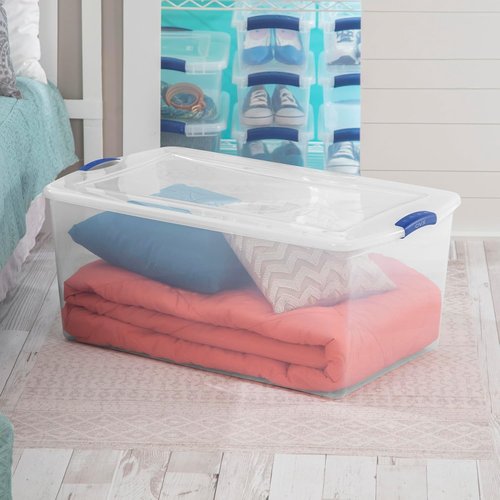 105 Qt. Plastic Storage Bin - Durable Lid, Stackable Clear Tote with Blue Buckles for Easy Organization