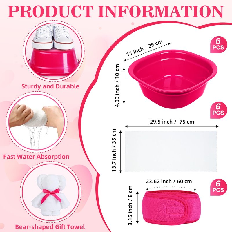 30 Pcs Kids Spa Party Supplies for Girls: Kids Satin Robes Salon Stuff Kit - 6 Robes 6 Basins 6 Makeup Headband 6 Towels 6 Hair Clip Braid - Foot Spa Sleepovers Slumber Birthday Favor (Rose Red)