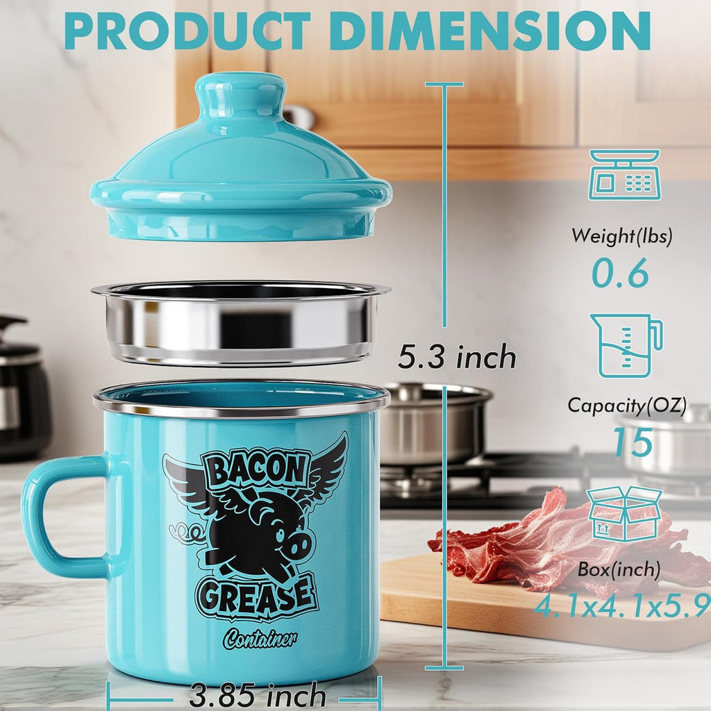 PGYARD Mini Bacon Grease Container - 15oz Farmhouse Enamel Grease Saver in Light Blue