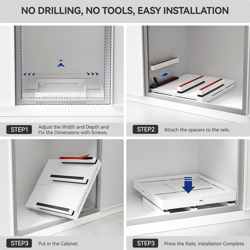 AmzAge Pull Out Cabinet Organizer With Raising Pad for Framed Cabinets,Adjustable Depth(12.8"-17.5") And Width(14.8"-20.5"),Slide Out Drawers,No Drill Design,Heavy Duty Storing,White