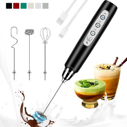 Colarlemo Milk Frother - Handheld Electric Whisk for Coffee & Lattes | Rechargeable with 3 Stainless Whisks, Black