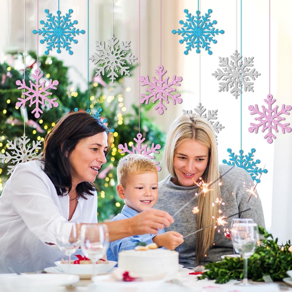 Skiennix Winter Snowflake Hanging Ornaments - Sparkly Ceiling Streamers for Christmas & New Year | Glitter Pink, Blue, Silver