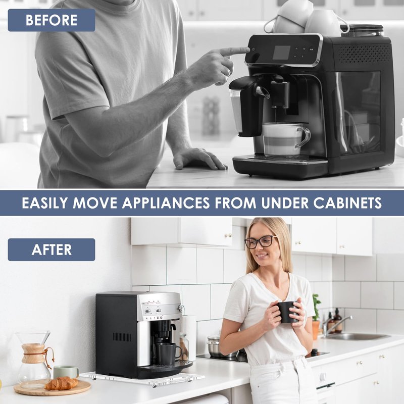 PUDASTO Sliding Tray for Coffee Maker, 9.8" x 14" Acrylic Appliance Sliders with Rubber Wheels, Coffee Pot Slider Tray for Countertop Moving, Stand Mixer, Toaster & Heavy Kitchen Appliances (Clear)