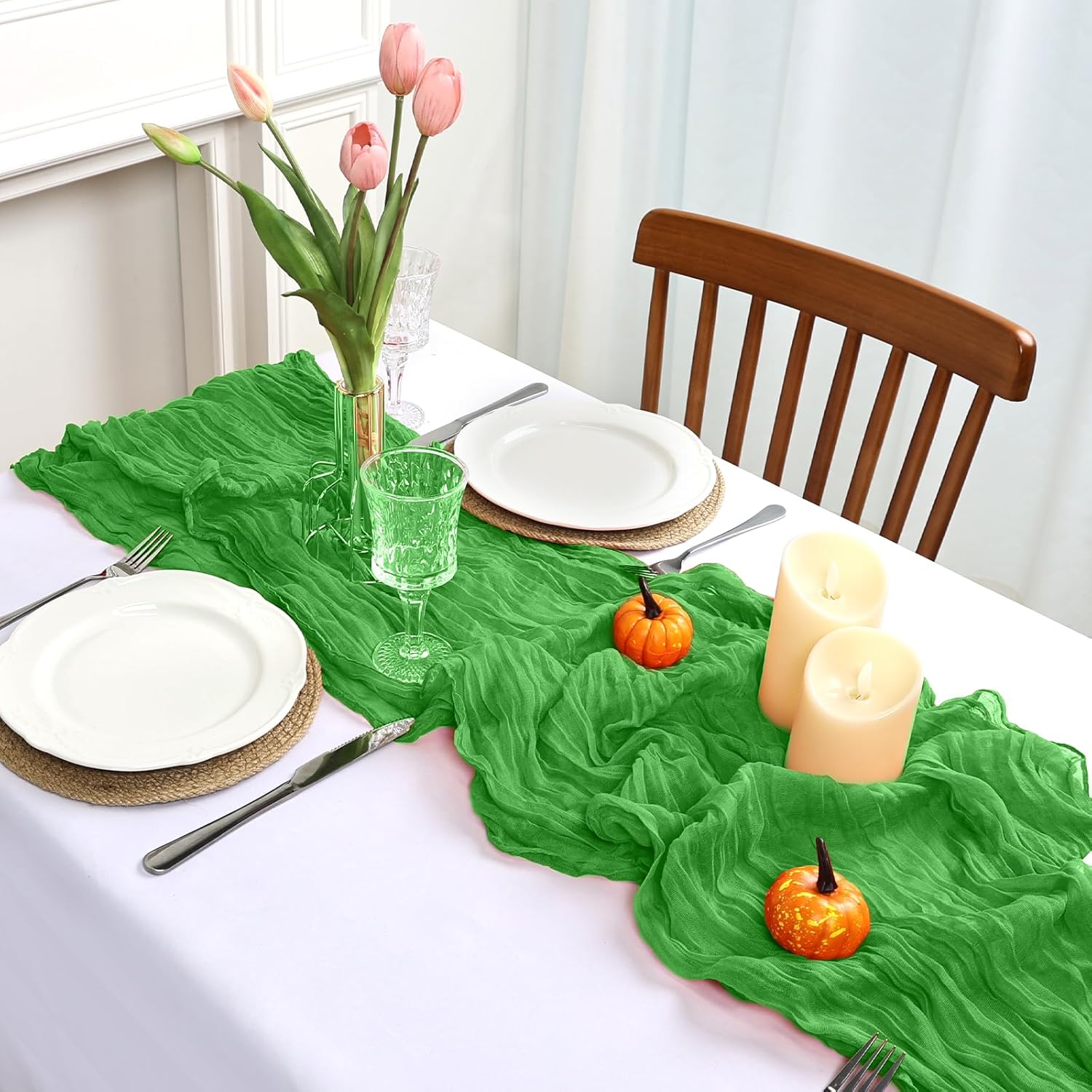 Skiennix 10ft Green Cheesecloth Table Runner - Rustic Sheer for Easter & Spring Celebrations