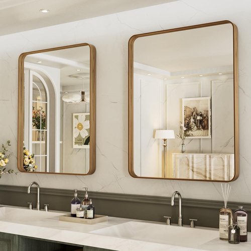 LOAAO Bathroom Mirror - 32X36 Inch Rounded Rectangle with Wood Grain Metal Frame | Anti-Rust, Versatile Hanging Options