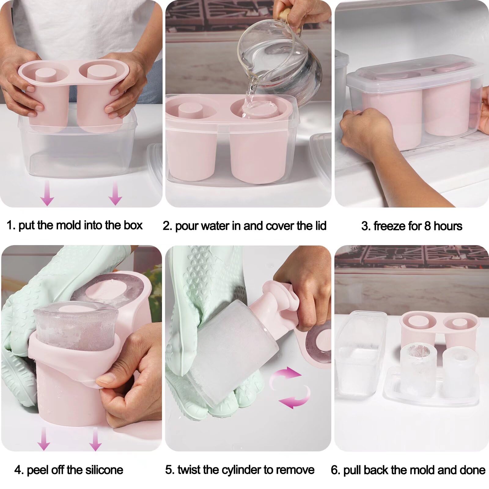 Ice Mold for Stanley Cup, Silicone Ice Cube Tray for Stanley Cup 30oz-40oz, Tumbler Ice Mold with Lid and Bin, Easy Release Cylinder Ice Cube Mold, 1 Pack, Rose Quartz