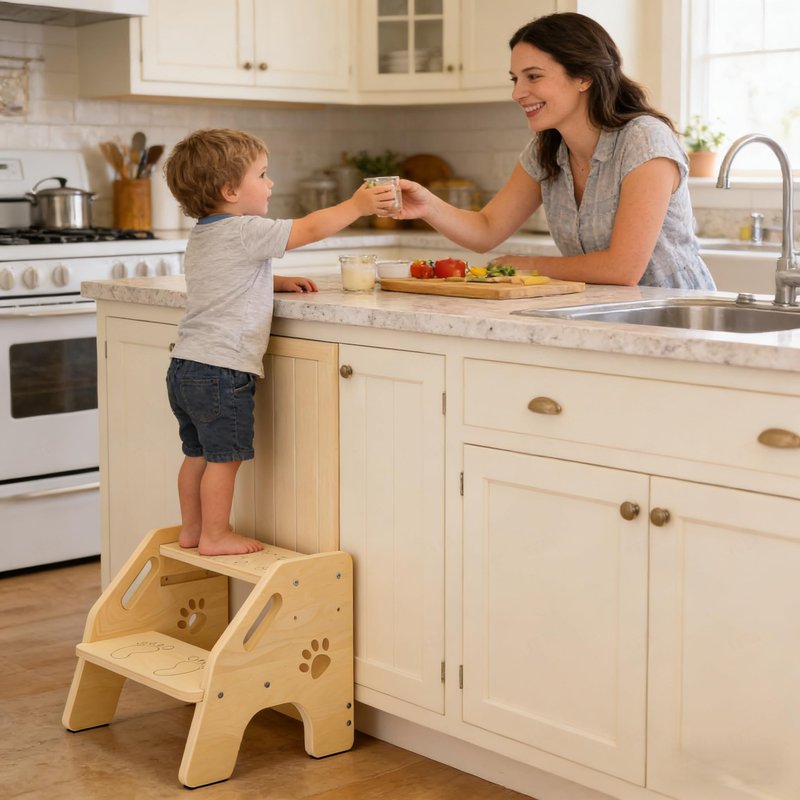 Toddler Step Stool Wooden 2 Step - Non-Slip Kids Stool for Bathroom Sink with Adjustable Height and Cute Pattern - 300lbs Support Stepping Stool for Bathroom Kitchen Children’s Room