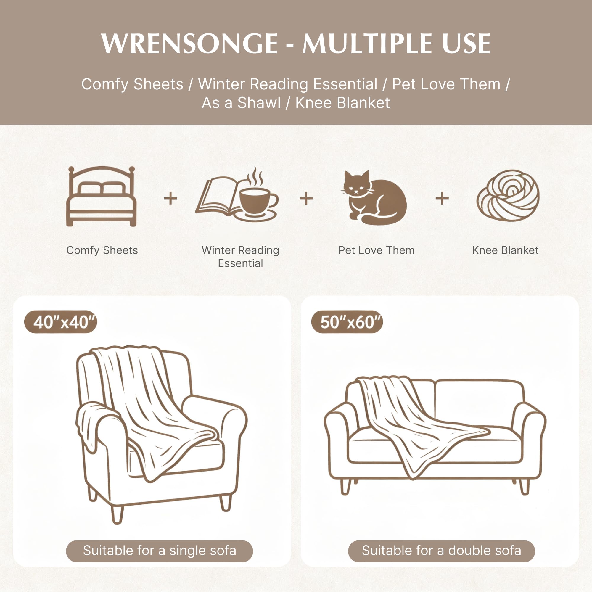 WRENSONGE Chunky Knit Blanket Throw Dark Grey Large Soft Fluffy Cable Knit Crochet Throw 100% Hand Knitted Blanket for Couch Bed(40"x40")