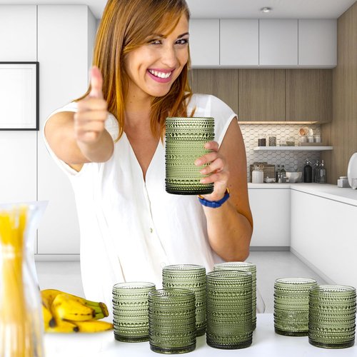 Vintage Glassware Drinking Glasses Set Of 12, Green 14Oz & 11Oz Hobnail Glass Cups Elegant Bubble Old Fashioned Glassware For Juice & Cocktails, Dishwasher Safe, Perfect For Home, Parties & Gifts