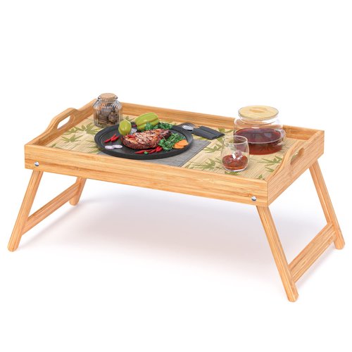 2 Pack Bamboo Bed Tray Table, Breakfast Tray w/Removable Bamboo Curtain & Folding Legs & Handles, Bed Trays for Eating & Reading…