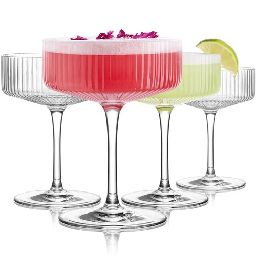 LUNA & MANTHA Coupe Glasses Set of 4, 10oz Crystal Ribbed Martini Glasses, Vintage Cocktail Glass, Hand Blown for Espresso Martini, Margarita, Home Bar &Gift,Glassware
