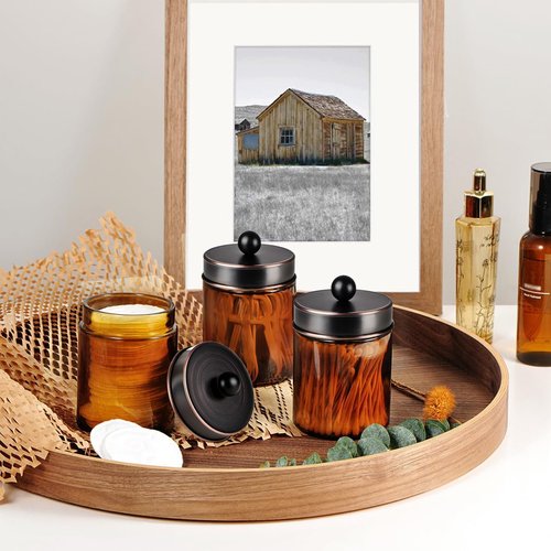 Amber Glass Qtip Holder Set | Apothecary Jars with ORB Metal Lid - Stylish Bathroom Organizer (3 Pack)