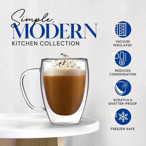 Kitchables Double Wall Glass Coffee Mugs Bundle Set of 2, 15oz and Set of 2, 12oz with Handle Insulated Glass coffee Mug Clear coffee Mugs