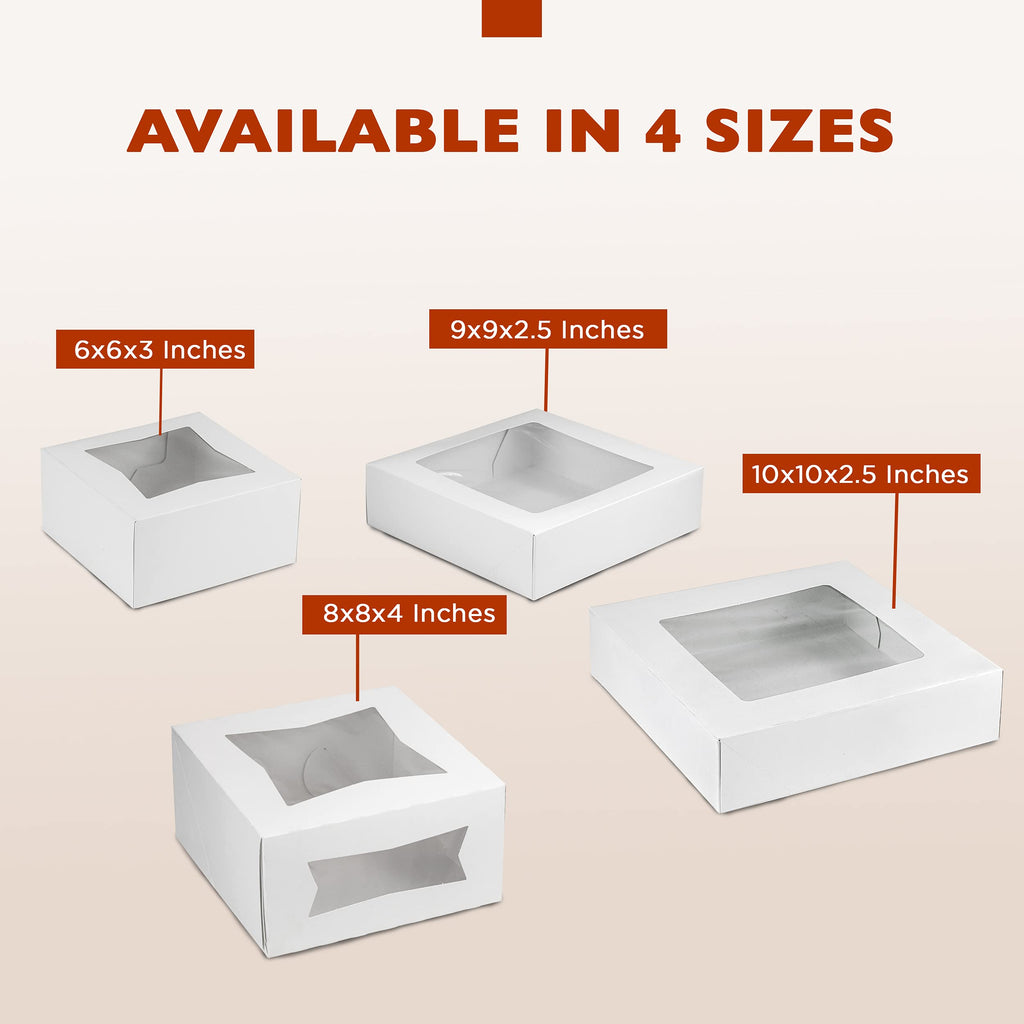 [25 Pack] Bakery / Pie Box with Window 10x10x2.5" - White Cardboard Packaging for Cupcake, Cookies and Pastry, Restaurant Containers And Personalized Favors