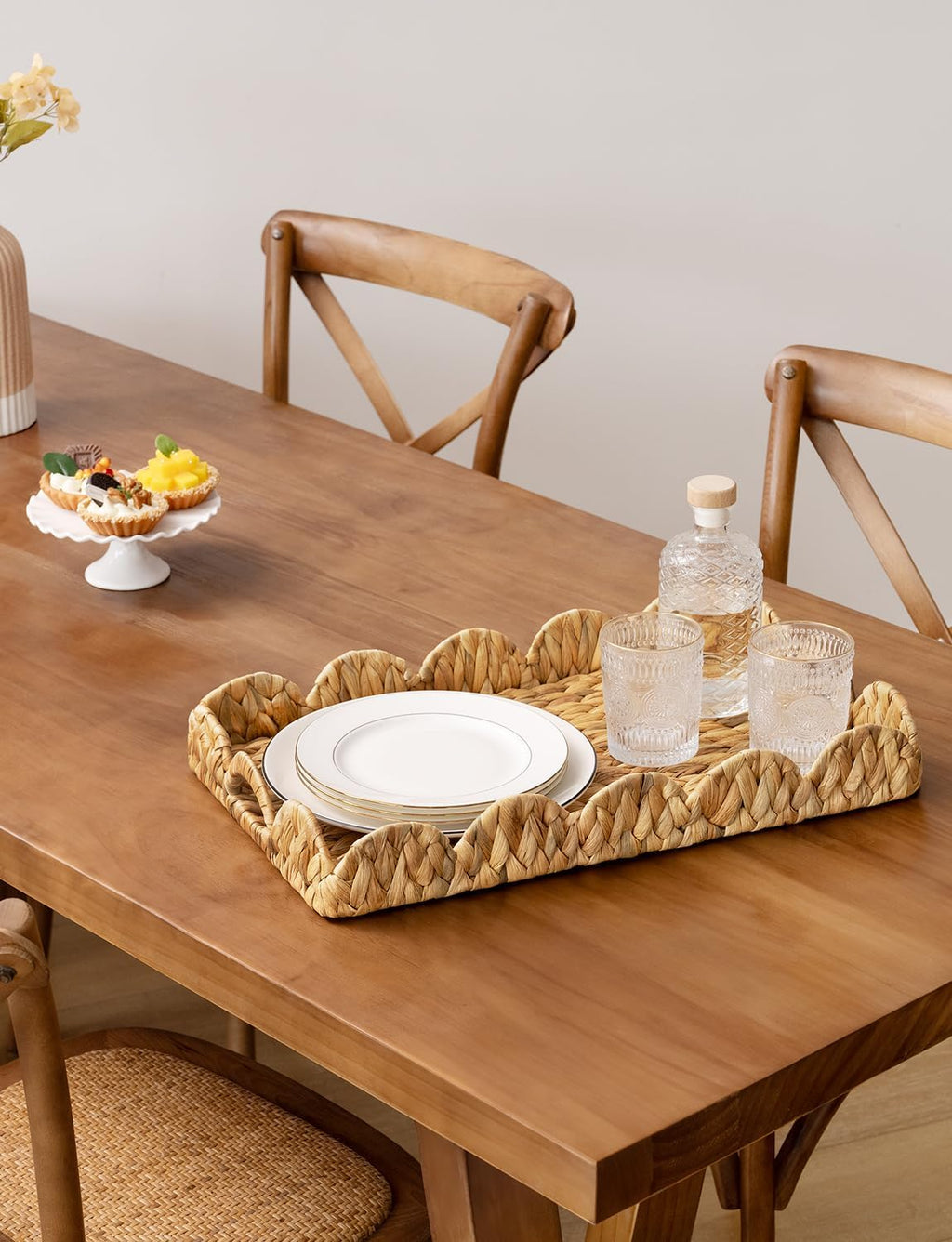 StorageWorks Wicker Serving Tray - Hand-Woven Scalloped Edge Design with Built-in Handles | Natural Water Hyacinth, Large Rectangle