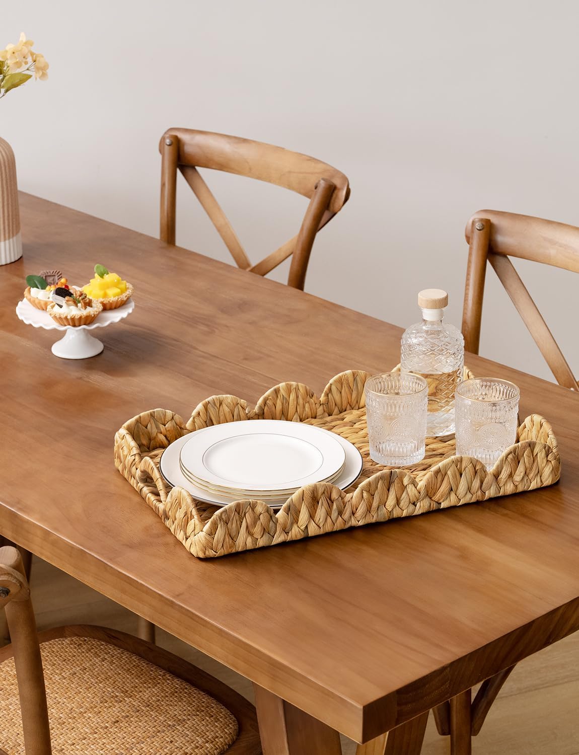 StorageWorks Wicker Serving Tray - Hand-Woven Scalloped Edge Design with Built-in Handles | Natural Water Hyacinth, Large Rectangle